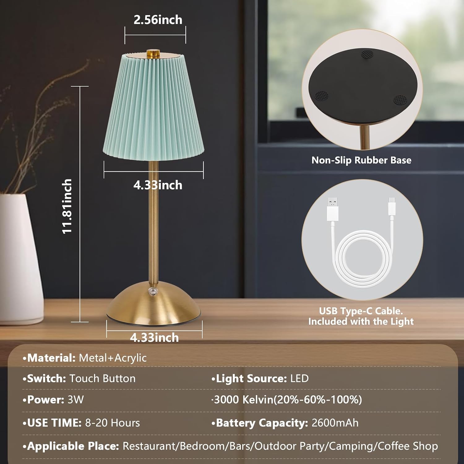 Table Lamps , Small Gold Table Lamp 12 Inch for Girl's Bedroom Cute Coquette Table Lamp with Fabric Shade Modern Decorative Bedside Light Small Princess Desk Lighting Boho Living Room (baby blue)
