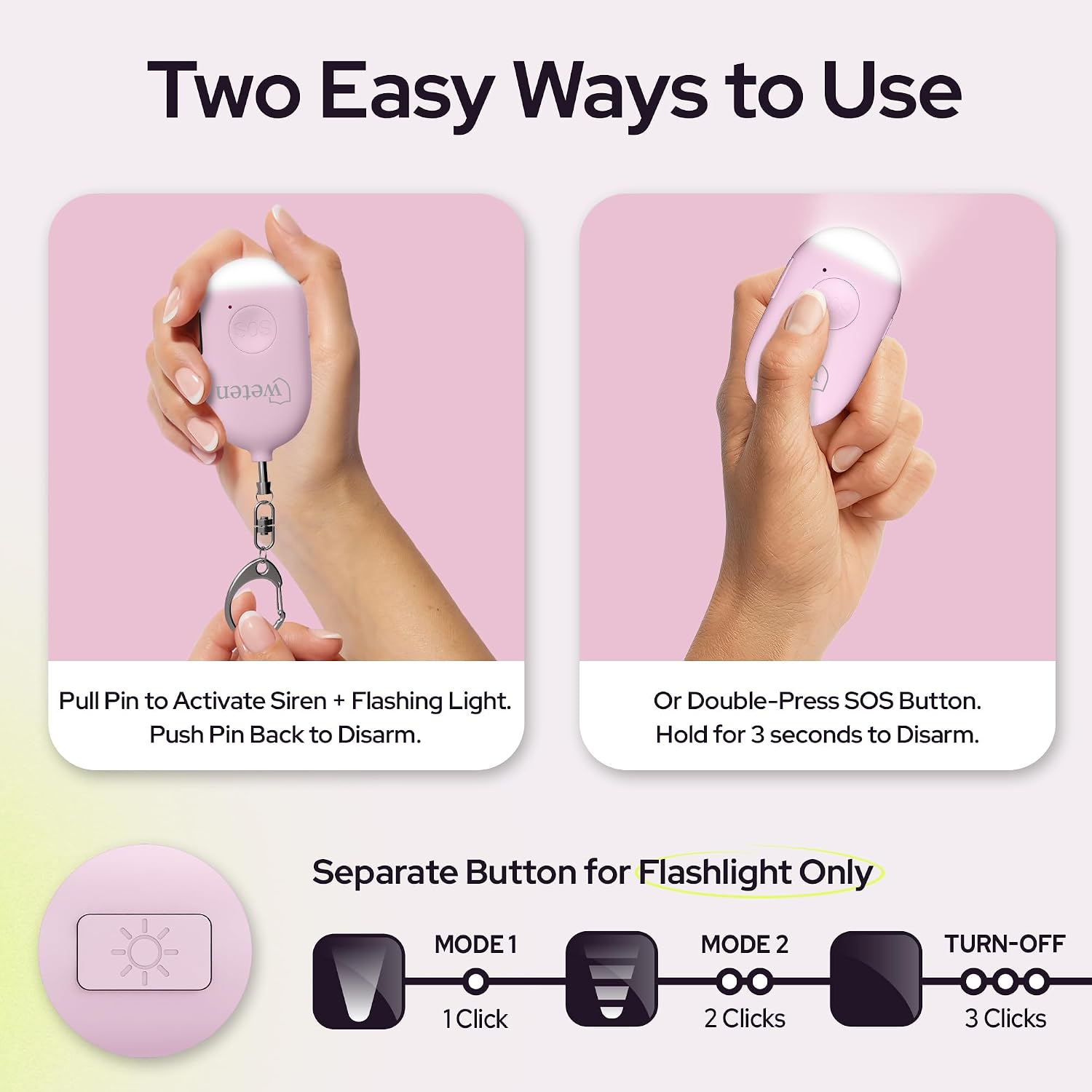 Weten Rechargeable Personal Alarm Keychain - 130dB Siren & LED Light - Stylish Personal Safety Alert for Women to Carry - Panic Button Alarm for Security - Rape Whistle for Self Defense (Pink)