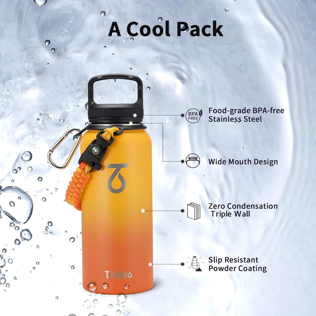 Trebo Insulated Water Bottle 32 oz with 3 Lids, Paracord Handle & Sleeve