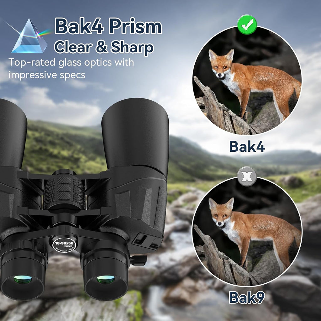 10-30X50 High Powered Zoom Binoculars for Adults - Professional Military HD Binoculars with BAK4 Prism/FMC Lens/Large View/Waterpoof/Low Light Night Vision for Bird Watching, Hunting, Outdoor, Hiking