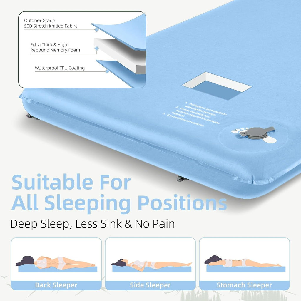 Wevelel Memory Sleeping Pad, 3.1" Ultra-Thick Foam Sleeping Mats for Camping, Easy Inflate&Deflate,9.5 R-Value Insulated Camping Mattress Pad with Pillow, for Car Travel Tent