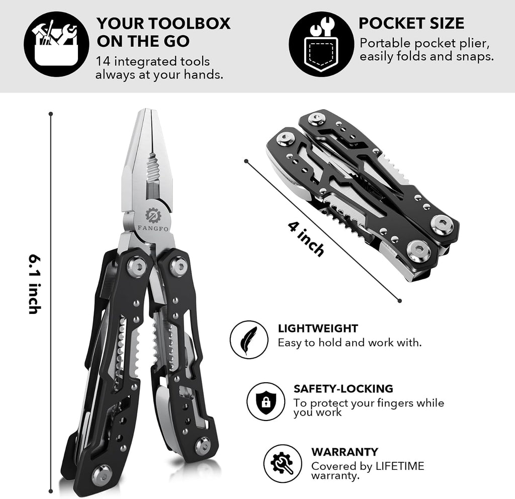 14-In-1 Multitool with Safety Locking, Professional Stainless Steel Multitool Pliers Pocket Knife, Bottle Opener, Screwdriver with Nylon Sheath ，Apply to Survival,Camping, Hunting and Hiking 1 Pcs