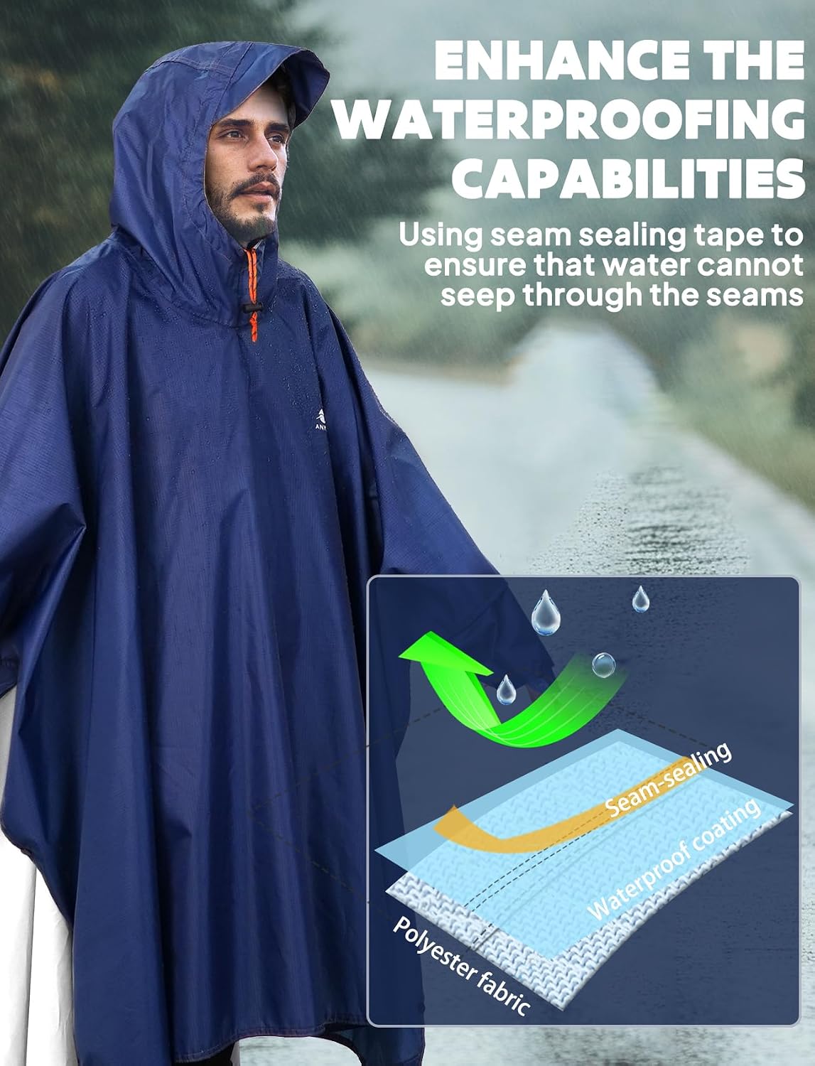 ANYOO Hooded Rain Poncho for Adult Waterproof Lightweight Raincoat