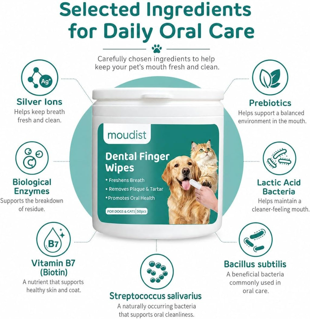 Dental Finger Wipes for Dogs & Cats, 50 Count, Pet Teeth Cleaning Wipes, Helps Remove Plaque & Tartar, Freshens Breath, Daily Oral Care