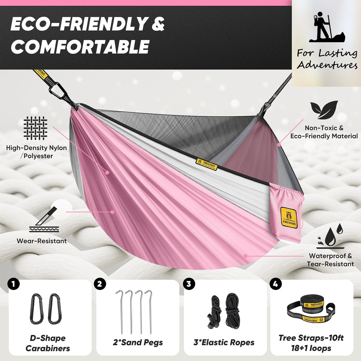 Small Camping Hammock with Mosquito Net, 450 lbs Portable Hammock with Tree Straps, 2-in-1 Double/Single Travel Hammocks, Hammock for Outside/Indoor/Backpacking/Beach - Pink & White