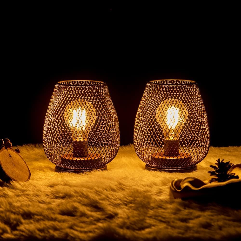 Set of 2 Battery Operated Lamp LED Table Lantern, Brown Metal Cage Cordless Lamps with LED Bulb，Vintage Decorative Outdoor Lantern for Weddings, Parties, Patio, Events for Indoors Shelf Decor