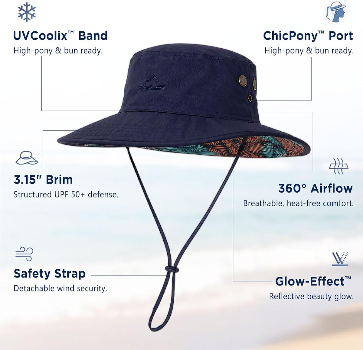 ChicPony™ Big Head Womens Ponytail Bucket Sun Hat Cooling Quick-Dry