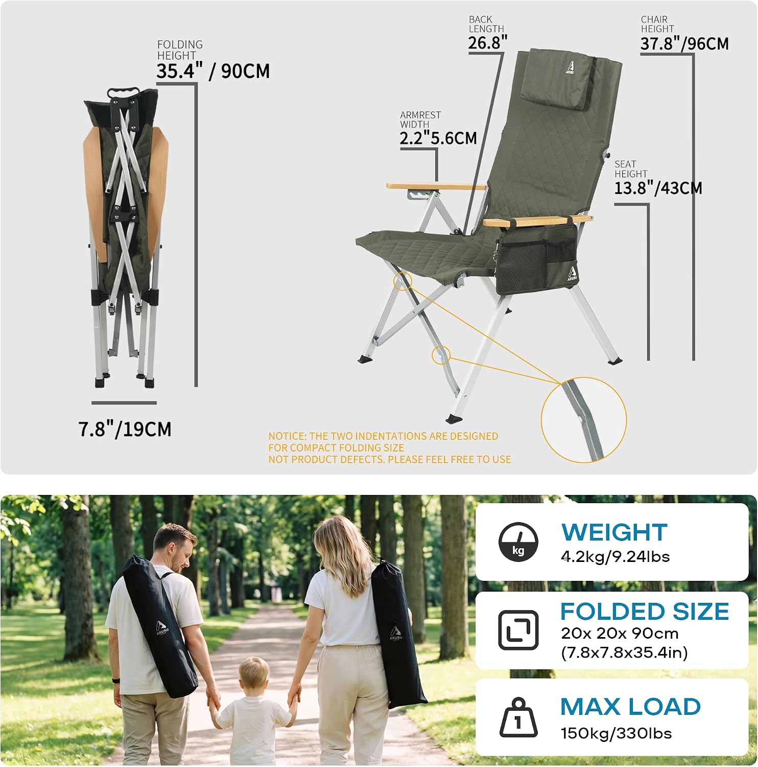 Aluminum Reclining Camping Chair, Heavy Duty Folding Lawn Chairs with 4-Stage Adjustable High Back for Adults, Compact Foldable Outdoor Patio Reclining Chair (Green, 1 Pack)
