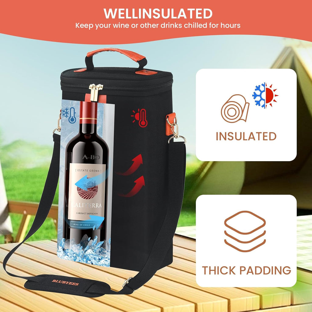 BLUBYEES 2-Bottle Insulated Wine Carrier Tote - Leakproof Padded 900D Oxford Wine Cooler Bag for Travel, Picnics, Beach & Parties - Ideal Wine Gift for Wine Lovers