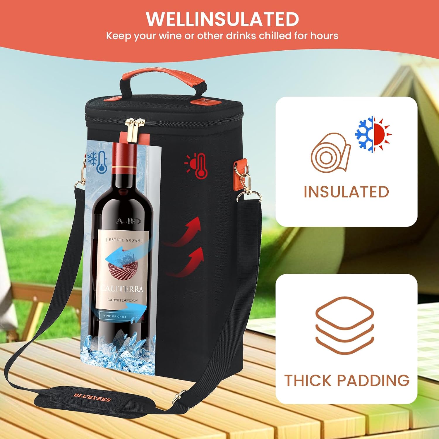 BLUBYEES 2-Bottle Insulated Wine Carrier Tote - Leakproof Padded 900D Oxford Wine Cooler Bag for Travel, Picnics, Beach & Parties - Ideal Wine Gift for Wine Lovers