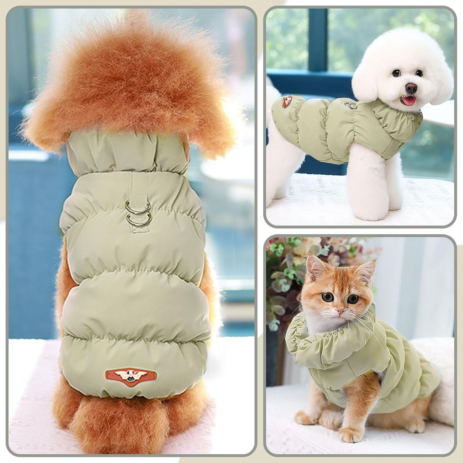 ABRRLO Winter Warm Dog Jacket for Small Medium Dogs Cat Cold Weather Coats with Harness Paded Dogs Fleece Vest Waterproof Windproof Dog Snow Jacket Pet Puppy Clothes (Khaki,XS)
