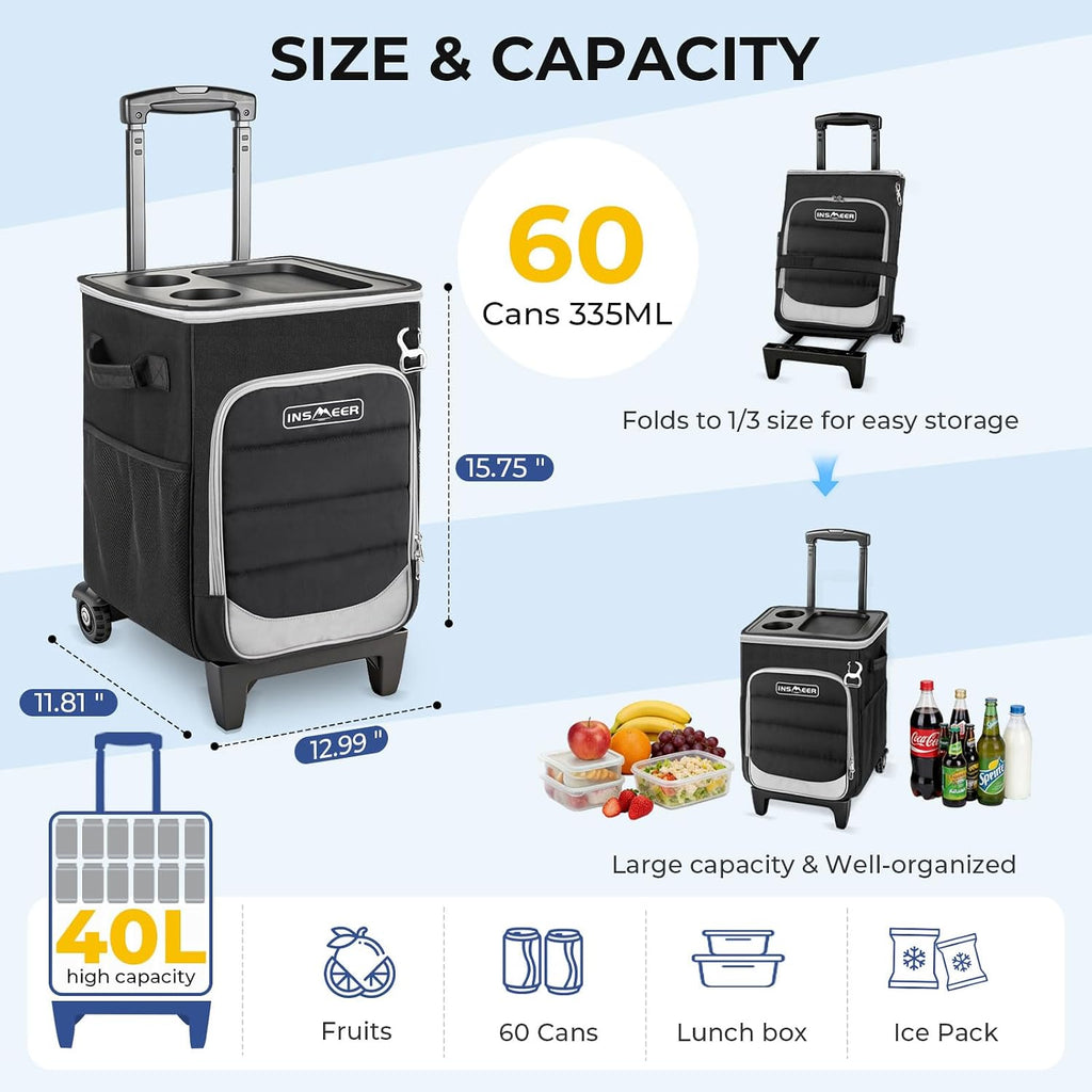 INSMEER 2-in-1 Rolling Cooler with Wheels, 60 Cans Collapsible Soft Sided Cooler on Wheels, Hard Top with 2 Cup Holders, Insulated 100% Leakproof Wheeled Cooler Bag for Beach Camping Outdoor