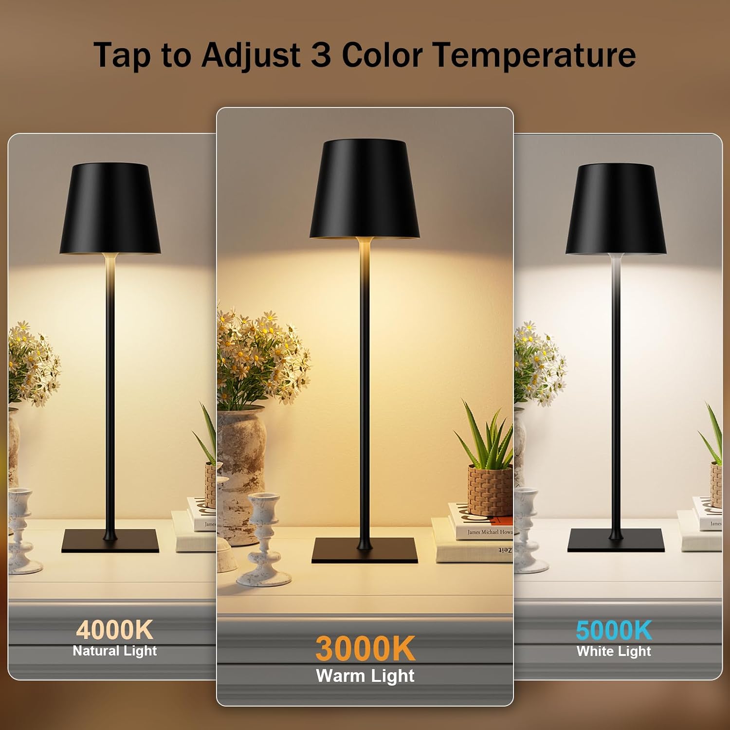 Kakanuo Black Cordless Rechargeable Table Lamp, 2 Pack Portable Desk Lamp with 5000mAh Battery, Touch Control Stepless Dimming, Wireless Night Light for Dining, Outdoor Camping, Coffee Shop