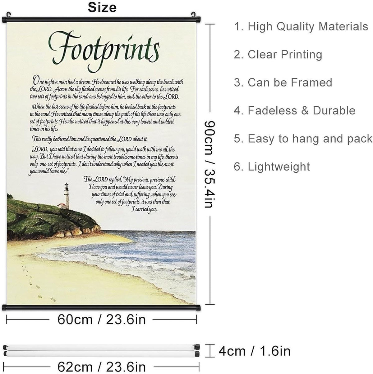 Footprints in the Sand Religious Canvas Wall Art Posters, Inspirational Beach Sunset Poem Print Poster (Black Framed 24x36inch, Footprints(4))