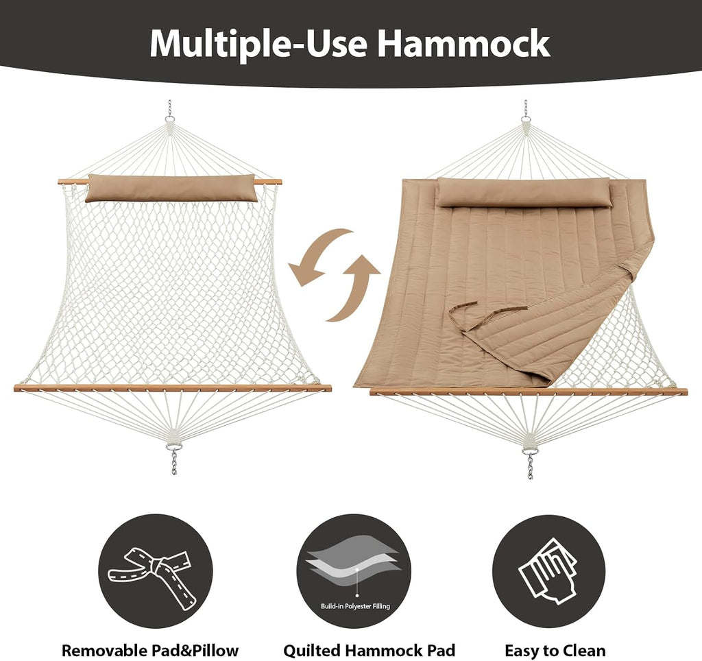 CHULIM Outdoor Double Hammock with Hardwood Spreader Bars, Large Rope Hammock with Polyester Pad and Pillow, 475 LBS Capacity for 2 Person Patio Backyard Poolside - Tan