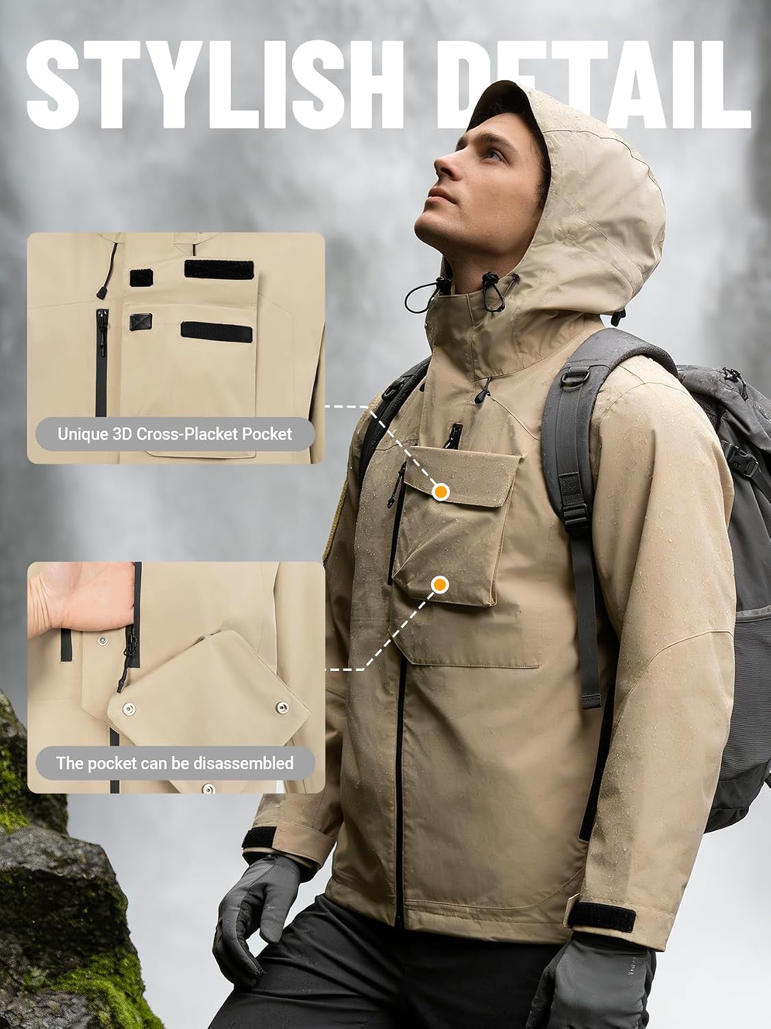 Men's Waterproof Tactical Jacket Lightweight Hooded Raincoat Stain Resistant Breathable Outdoor Shell