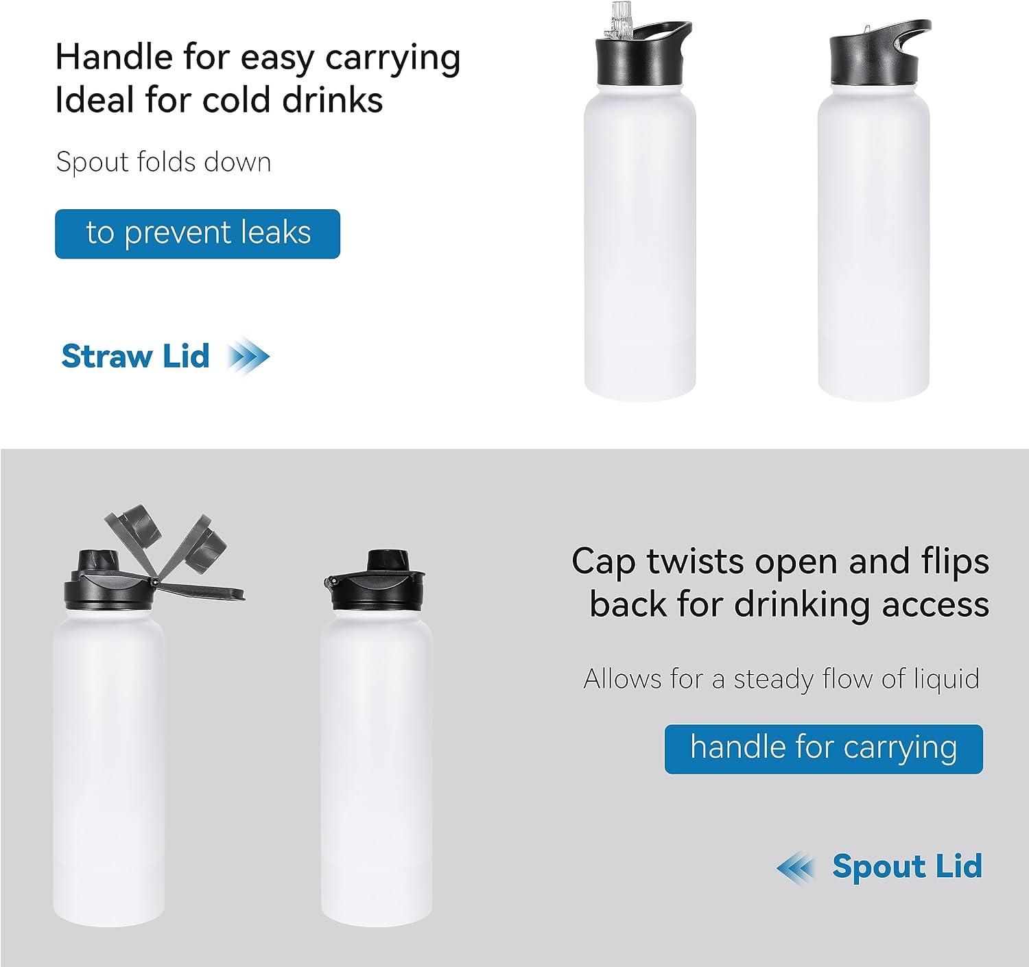 VEGOND 40 oz Insulated Water Bottle Bulk Stainless Steel Metal Water Bottles with Leak Proof Straw Lid & Spout Lid, Wide Mouth Double Walled Vacuum Travel Sports Bottle, 4 Pack