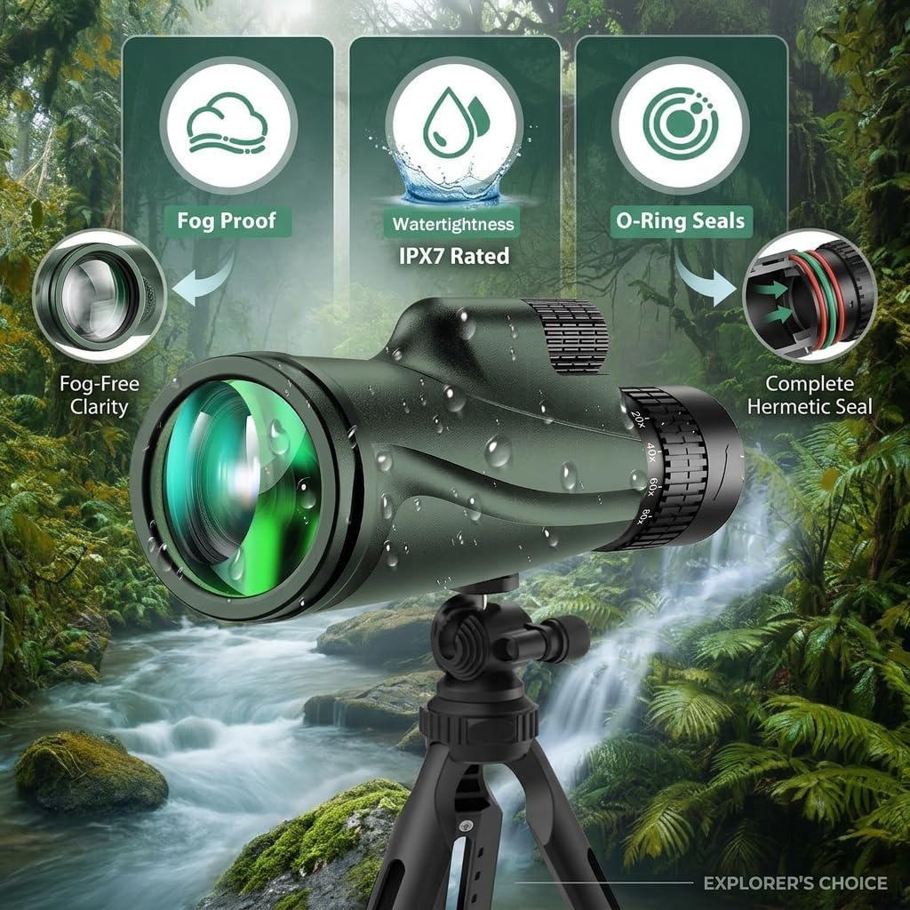 Monocular Telescope 80 x 100 High Powered Monoculars for Adults with Tripod, Monocular for Smartphone Suitable for Bird Watching Larger Vision Monoculars for Adults with BAK4 Prism & FMC Lens Green