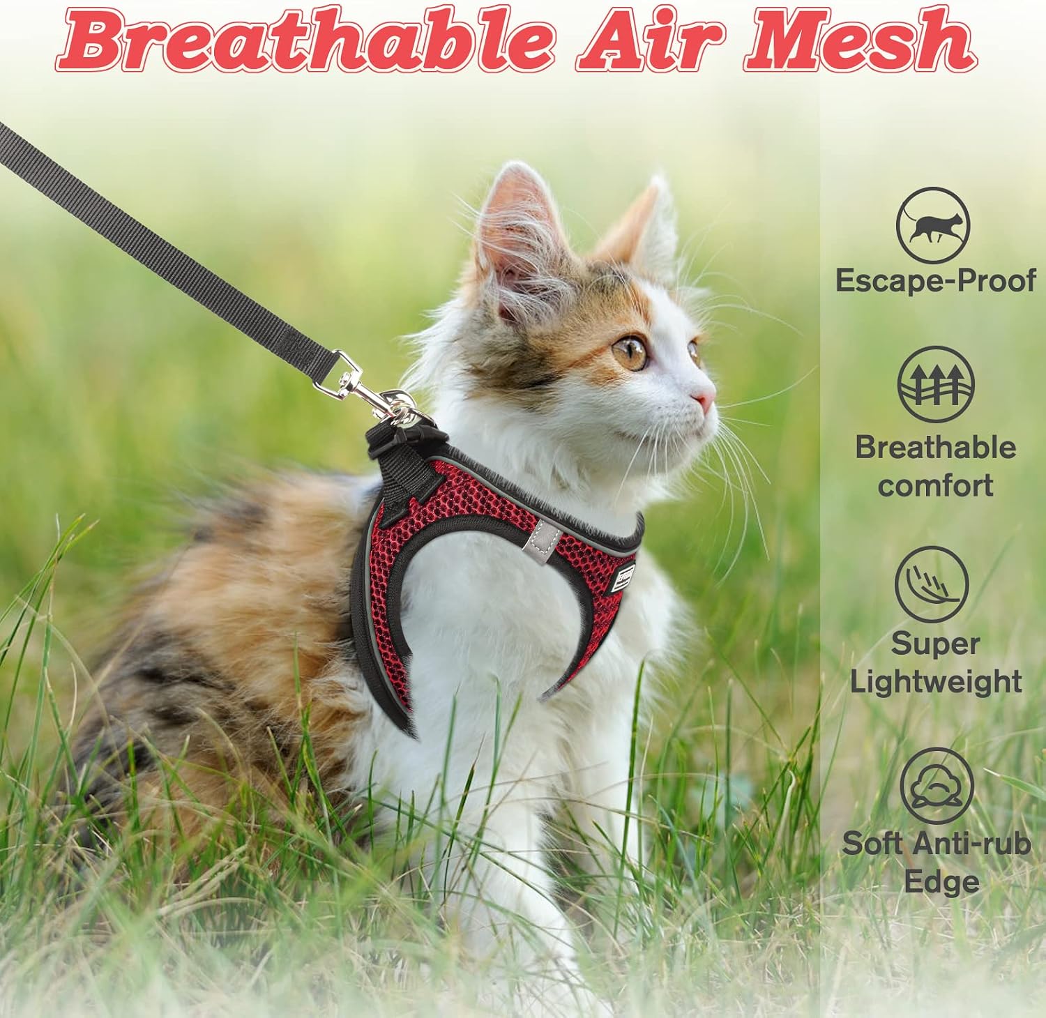 Cat Harness and Leash for Walking Escape Proof, Adjustable Kitten Vest Harness Reflective Soft Mesh Puppy Harness for Outdoor, Comfort Fit, Easy to Control (Red, M)