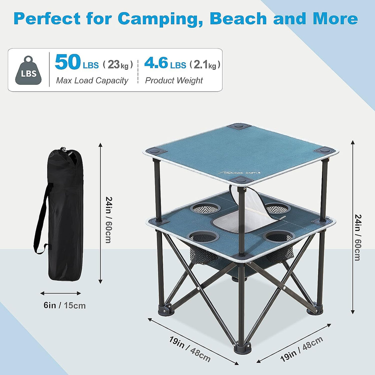 Folding Beach Table, Camping Table for Sand with Insulated Cooler Storage & 4 Cup Holders, Portable Pop Up Picnic Table, Lightweight Side Table for Outdoor