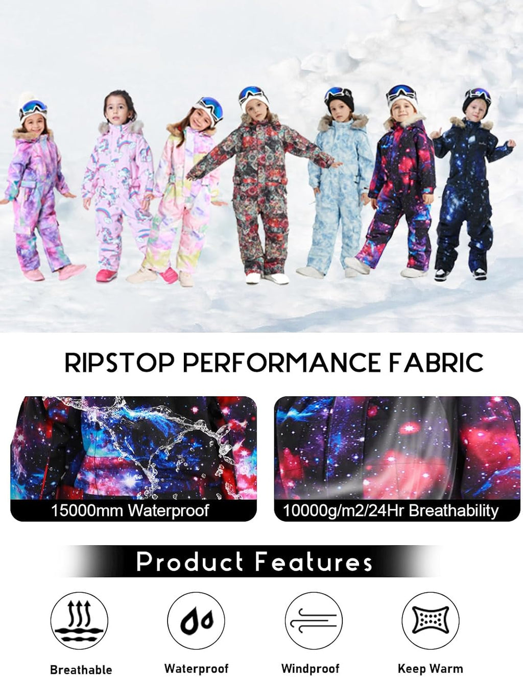 Kids Girls Boys Waterproof Colorful One Piece Snowsuits Coveralls Ski Suits Jackets Winter Jumpsuits