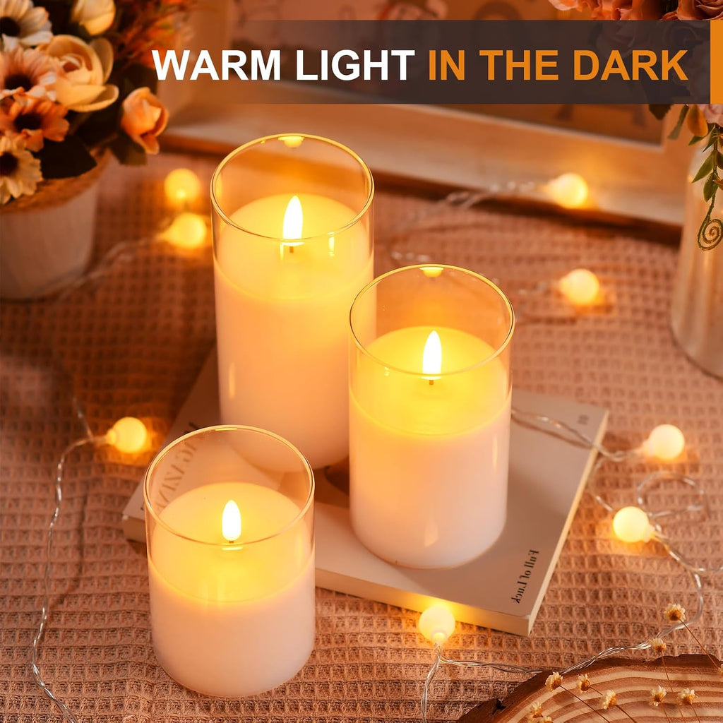 Tyawon Glass Battery Operated LED Flameless Candles with Remote and Timer, Real Wax Candles Warm Color Flickering Light for Festival Wedding Home Party Decor(Pack of 3)-White