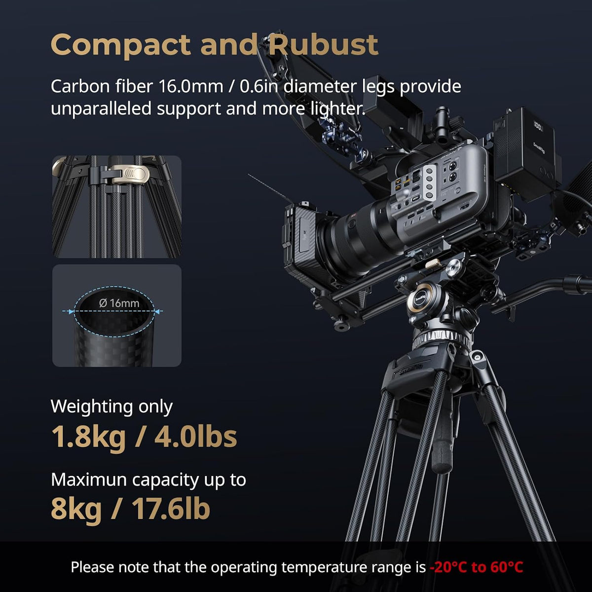 SmallRig AD-Pro8 FreeBlazer Counterbalance Carbon Fiber Video Tripod Kit, 77" Video Tripod with 6-Step Counterbalance, 4-Step Pan/Tilt Hydraulic Damping, 2 Mid-level Spreaders, Max Load 17.6lbs - 4465