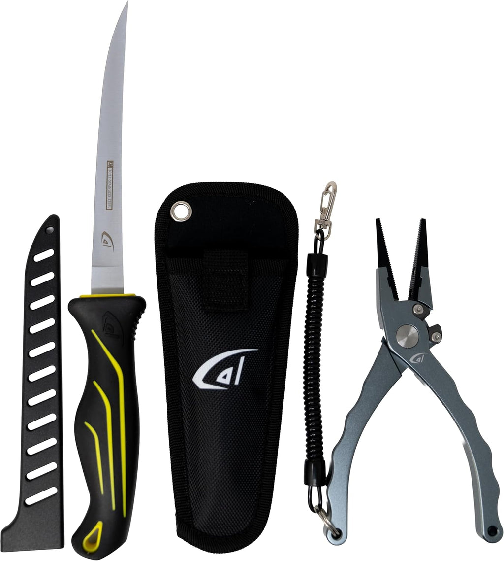 Gambler danco Aluminum Fishing Pliers and Fillet Knife Set, 7.5 Inch Pliers with Tungsten Carbide Cutters, 7 Inch Knife