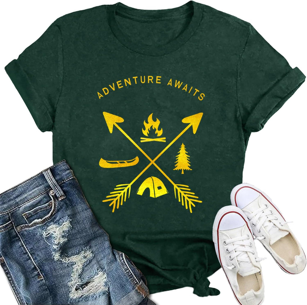 Womens Adventure Awaits Shirts Outdoor Lifestyle Camping Hiking T-Shirt Nature Travel Camp Life Tee