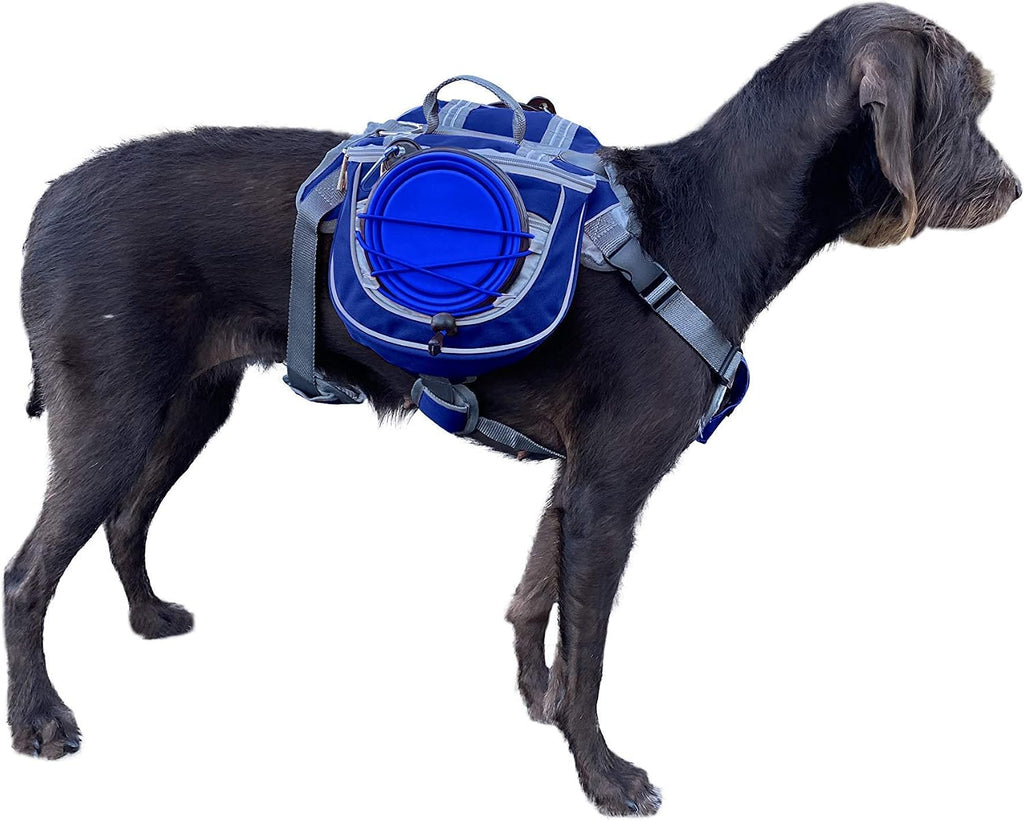 Saddlebag Back Pack & Harness Combo for Dogs 30-100+ lbs. Perfect for Travel, Trail Hiking, & Camping. Reflective, Lightweight, & Comfortable. Comes with Two Collapsible Bowls (Large, Blue)