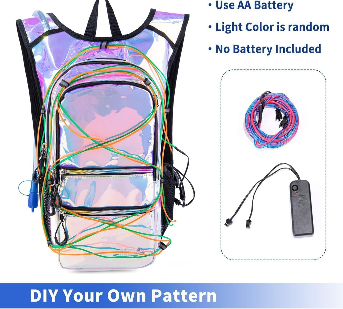Hydration Backpack Pack with Cool Lights, 2L Water Bladder, Lightweight Bag for Running, Hiking, Bike, Climbing, Music Festival Essential, and Rave