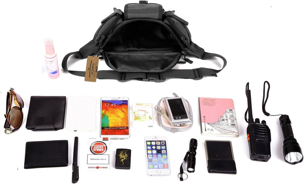 ArcEnCiel Tactical Fanny Pack for Men Women Waist Bag Hip Belt Outdoor Hiking Fishing Bumbag with Patch (Black)