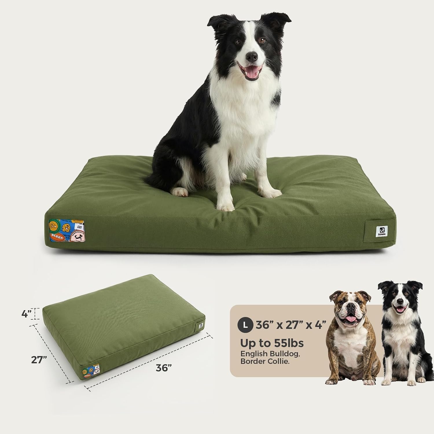 Sytopia 36 Inch Indestructible Dog Bed for Aggressive Chewers, Chew Proof Durable Outdoor Canvas Pet Crate Mat with Waterproof Washable Removable Cover, Indoor Patio Pet Pad for Crate, Green