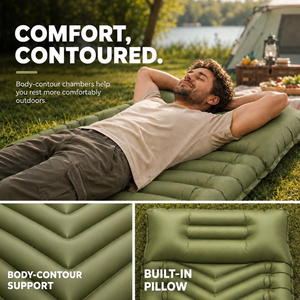 MalloMe Sleeping Pad for Camping, Camping Mattress - Bed for Outdoors Built-in Foot Pump Air Mattress for Backpacking Leak-Resistant Inflatable Travel Mat Compact Ultralight Single & Double