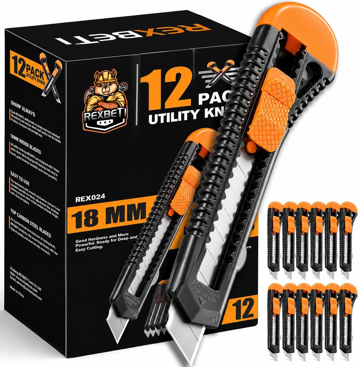 REXBETI 36-Pack Box Cutters, Retractable Utility Knife, 18mm Wide Blade