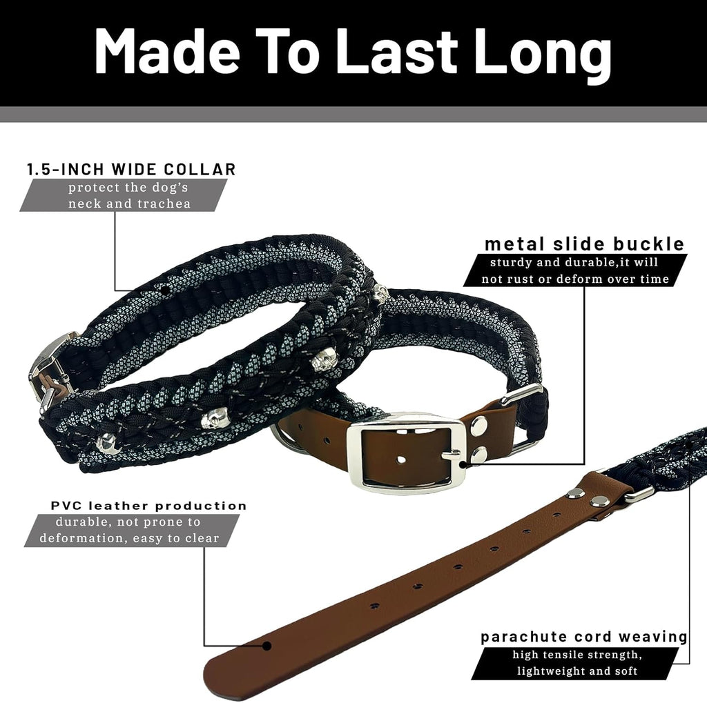 Paracord Dog Collar and Leash Set, Black Skull, 14"-20"