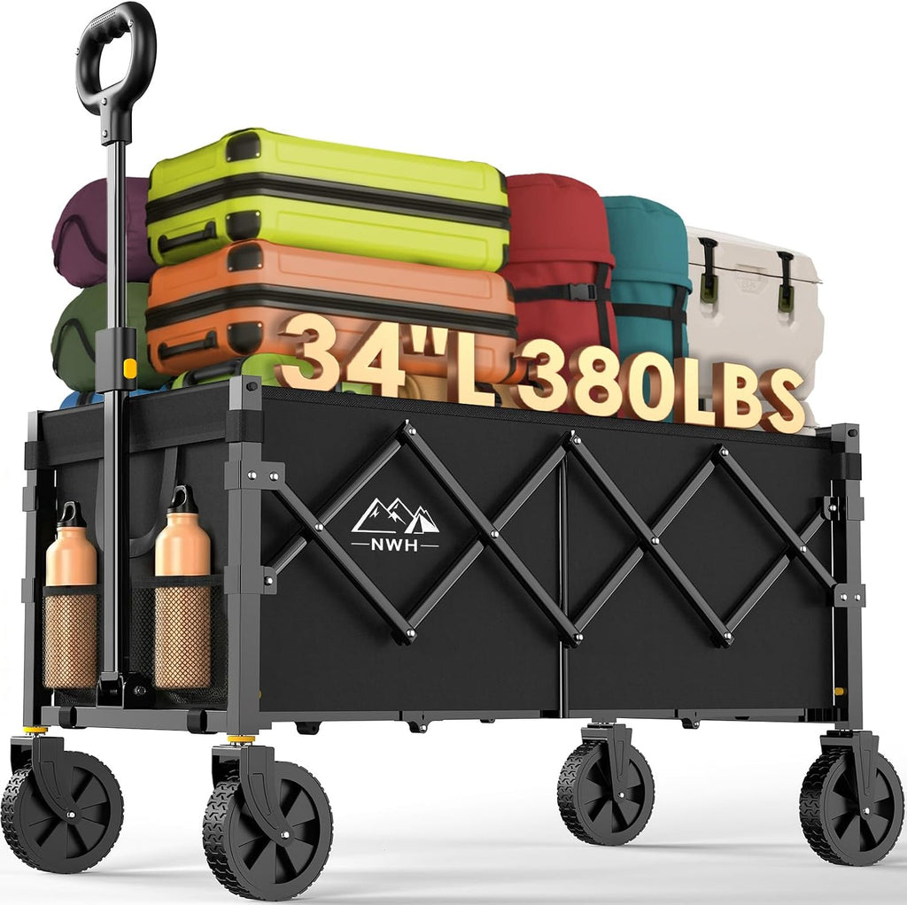 NWH 34'' Extra Long Collapsible Wagon, 380lbs Large Capacity Folding Wagons Carts with Wheels Foldable, Heavy Duty Utility Cart with All-Terrain Wheels for Beach Outdoor Grocery Camping Garden