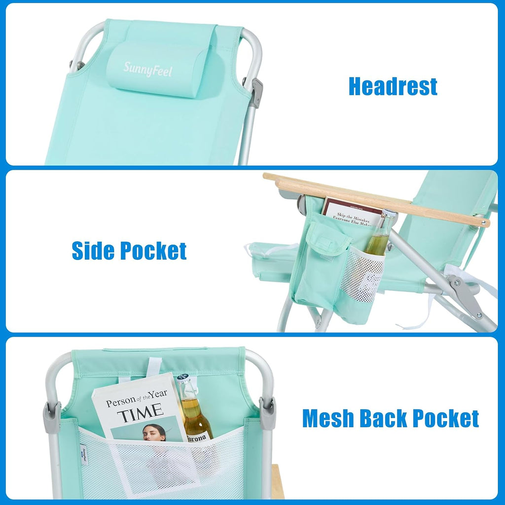 SUNNYFEEL Low Back Folding Beach Chair, Aluminum Heavy Duty Beach Chair with 5-Position, Portable Camping Chair for Adults with Wood Armrest, Lightweight Camping Chair 300lbs, Green