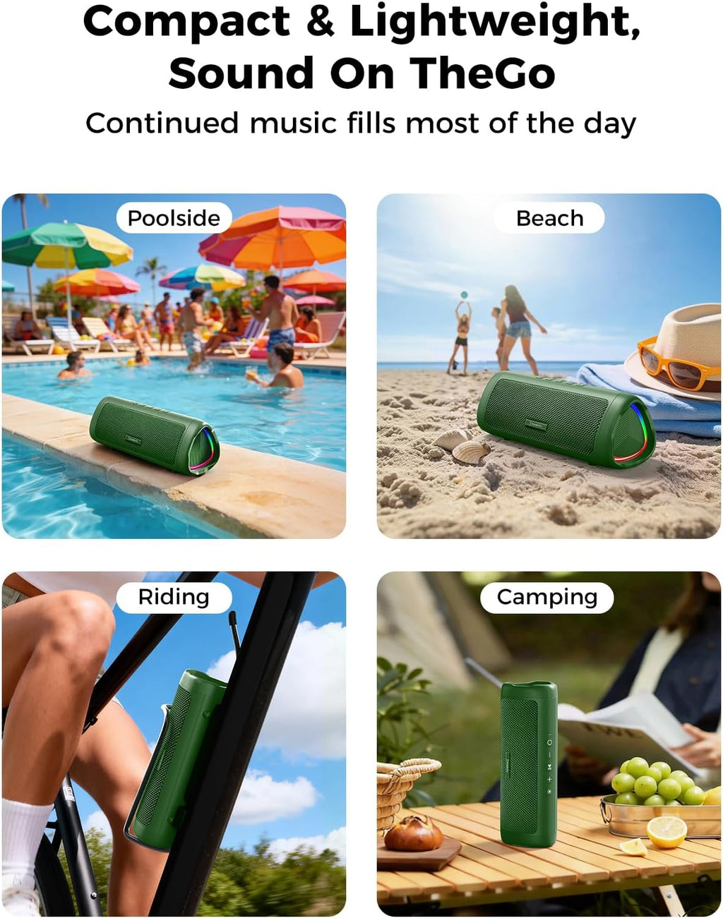 Bluetooth Speaker, 20W HD Sound, Portable Wireless, IPX5 Waterproof, Up to 24H Playtime, TWS Pairing, for Home/Party/Outdoor/Camping/Beach Essentials, Electronic Gadgets, Birthday Gift (Green)