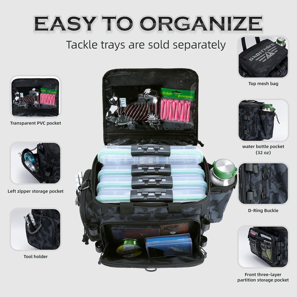 Ghosthorn Large Fishing Tackle Bag with Rod Holder Waterproof Gear Storage