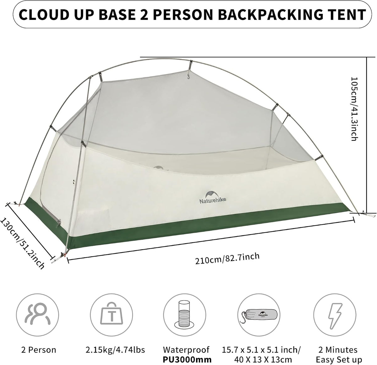 Naturehike Cloud-Up 2 Person Tent Lightweight Backpacking Tent with Footprint - Free Standing Ultralight Camping Hiking Backpack Tents Two Person Tent