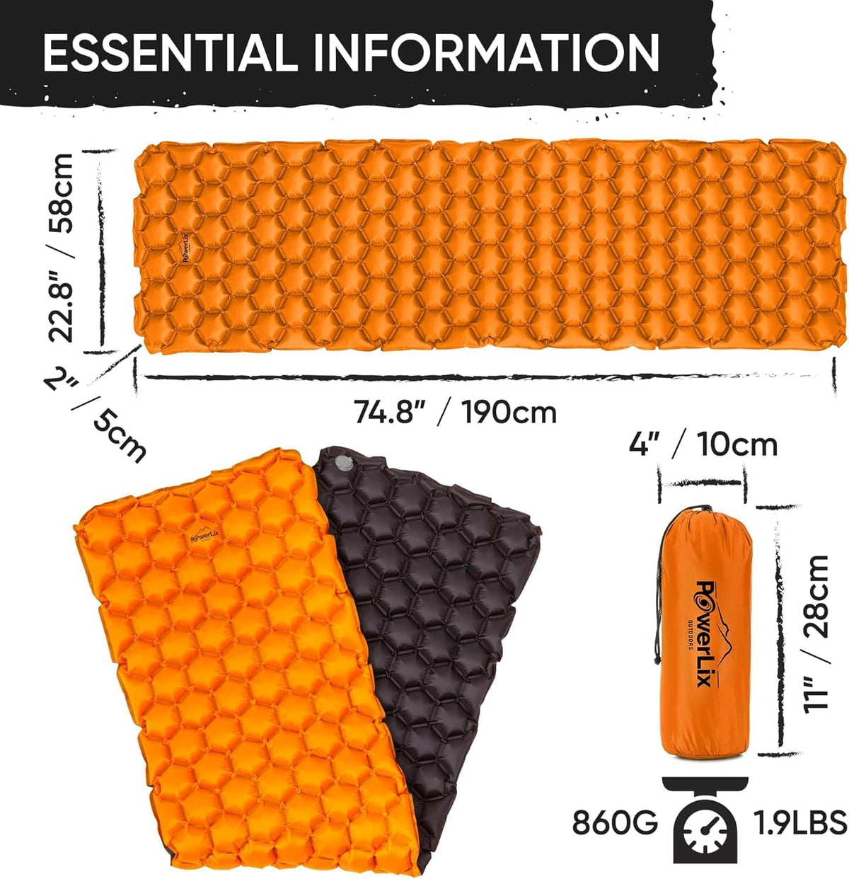 POWERLIX Ultralight Inflatable Camping Sleeping Pad - Camping Mattress for Backpacking, Hiking, Compact Lightweight Sleeping Mat for Camping, Inflation Bag/Repair Kit Included