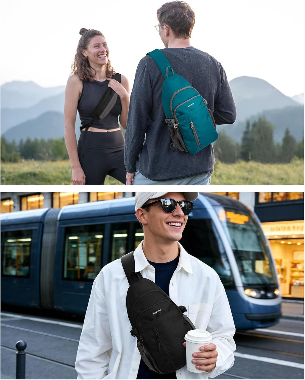 WATERFLY Small Crossbody Sling Bag: RFID Travel Hiking Daypack Man Woman
