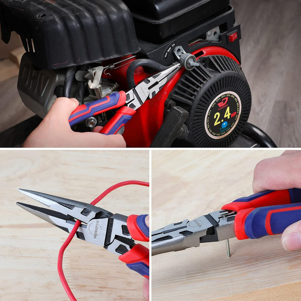 WORKPRO Premium 8” Needle Nose Pliers, Paper Clamp Precision, Heavy-Duty CRV Steel, Large Soft Grip with Wire Cutter, Long Nose Cutting Pliers, W031269