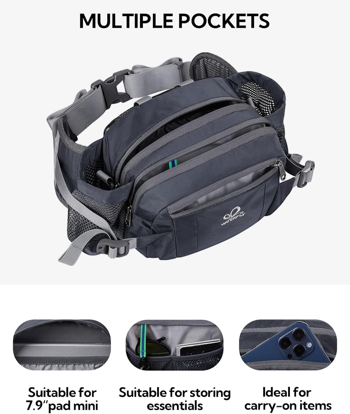 WATERFLY Fanny Pack Waist Bag: Fannie Pack 2 Water Bottle Holders Lumbar Belt Hiking Walking Running Jogging Camping Large Woman Man (Bottle Not Included)