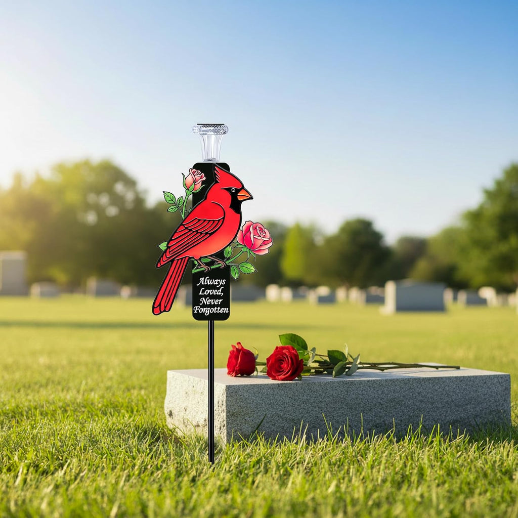 Solar Cardinal Memorial Stakes for Graves - Metal Cemetery Decorations with LED Light, Sympathy Gift for Loss of Father Dad, Mom, Grandma, Garden Grave Markers