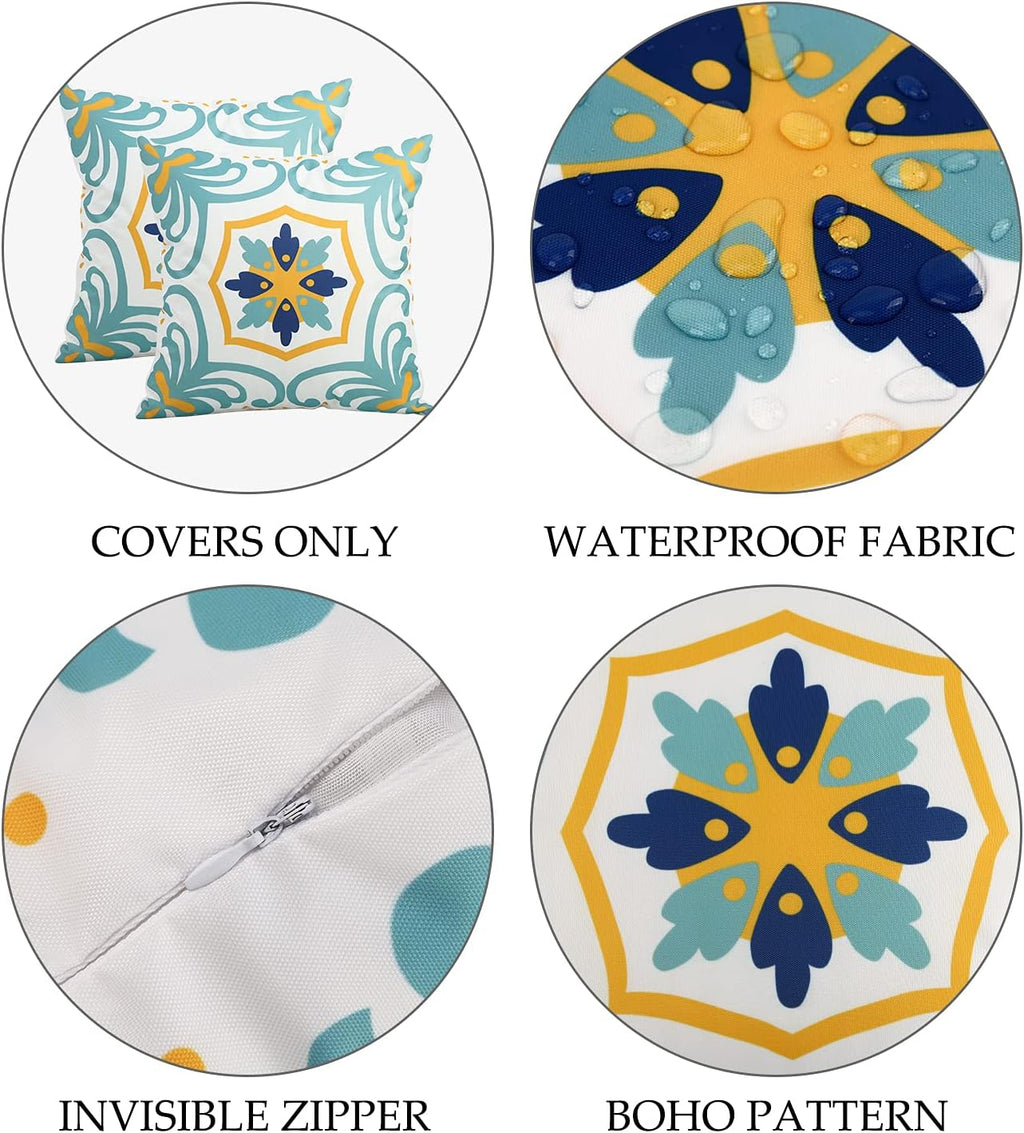 Pyonic Outdoor Waterproof Throw Pillow Covers Set of 4 Floral Printed and Boho Farmhouse Summer Outdoor Pillow Covers for Patio Funiture Garden 18x18 Inch Blue