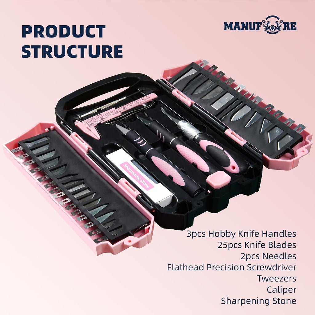 MANUFORE 34pcs Large Exacto Knife Set Craft Precision Knife Set Pink