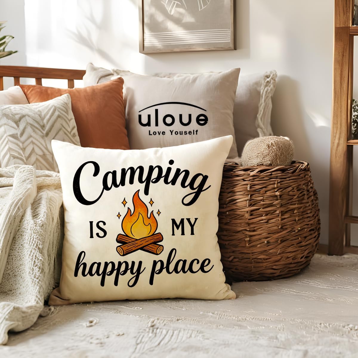 ULOVE LOVE YOURSELF Camping Throw Pillow Covers 4Pack Outdoor Campfire Adventure Decorative Pillowcases Rustic Camper Cushion Covers 18 X 18 Inch for Camper, Cabin Home Decor(Yellow/Green)