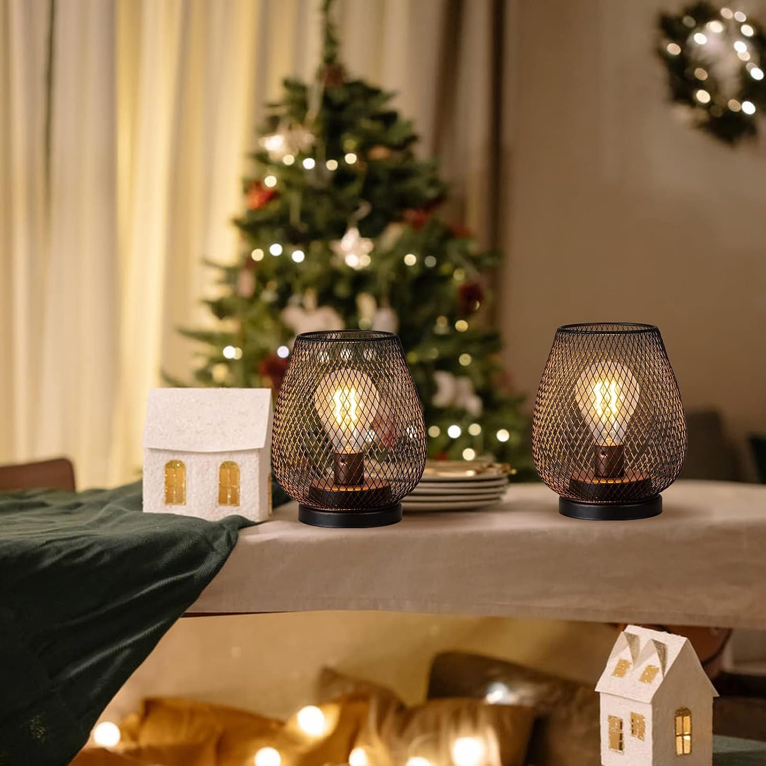 Set of 2 Battery Operated Lamp LED Table Lantern, Brown Metal Cage Cordless Lamps with LED Bulb，Vintage Decorative Outdoor Lantern for Weddings, Parties, Patio, Events for Indoors Shelf Decor